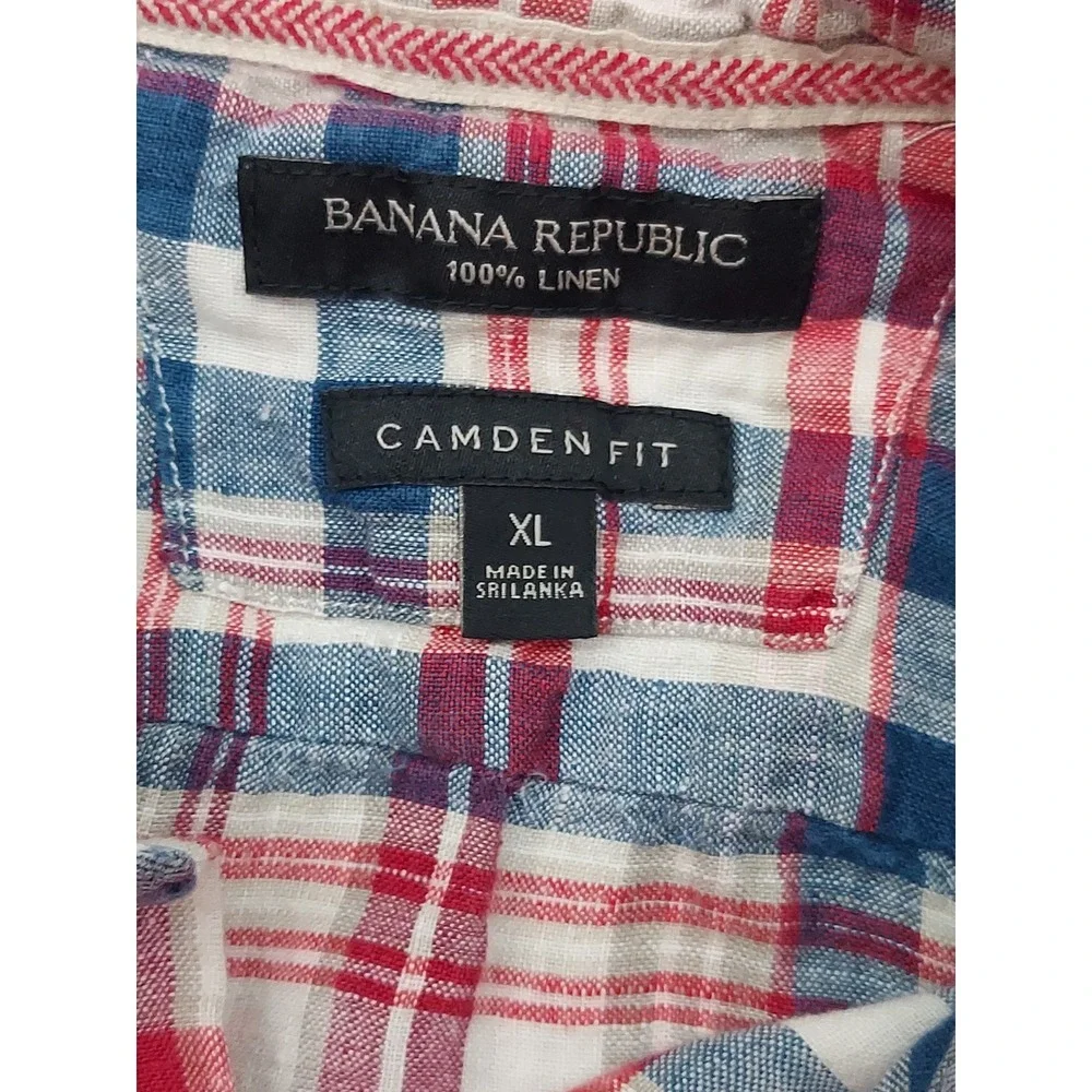 Banana Republic Linen Shirt Mens XL Red Blue Plaid Camden Fit Button Down L/S